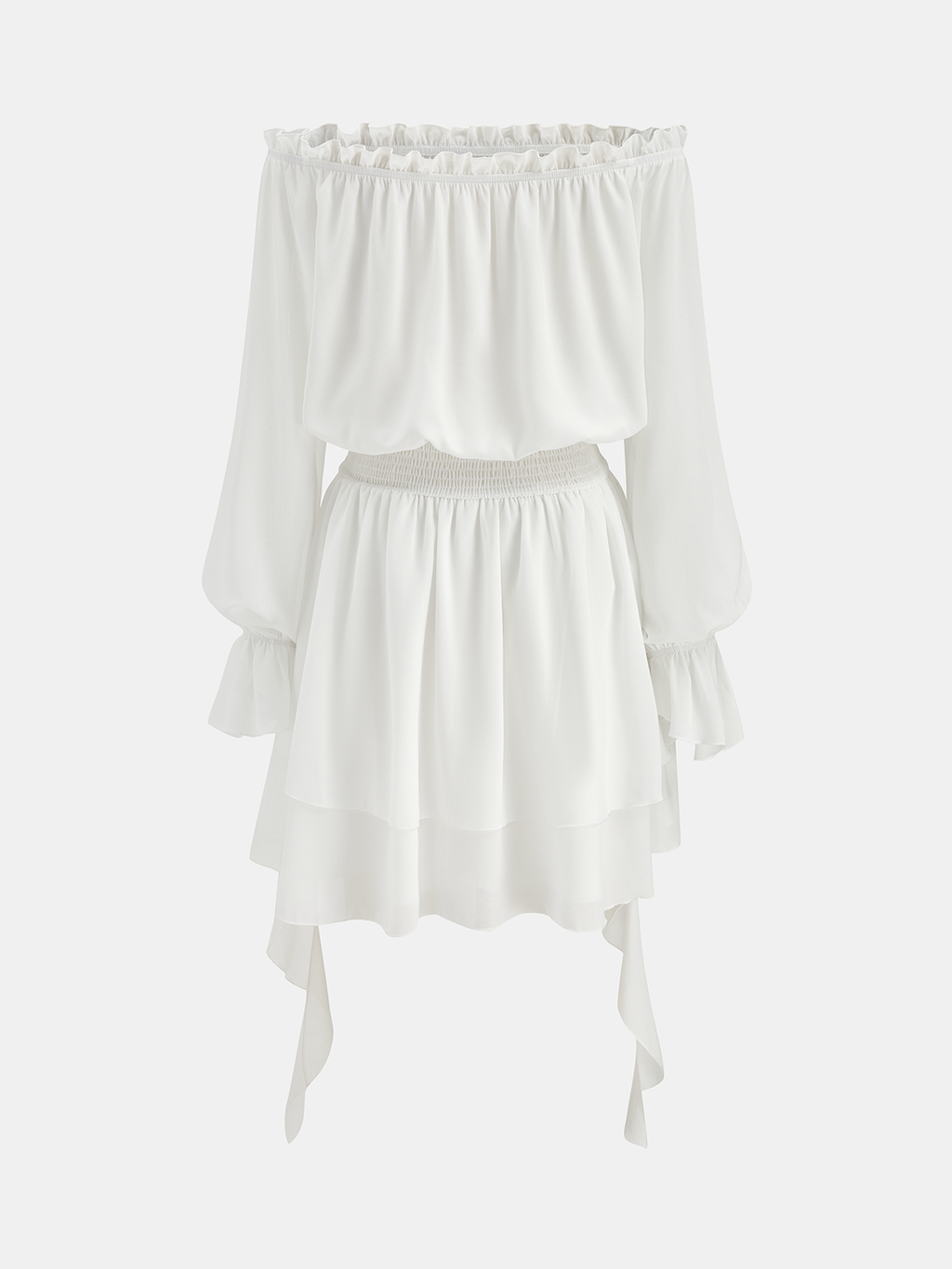 Mini-robe à épaules dénudées avec taille smockée et volants