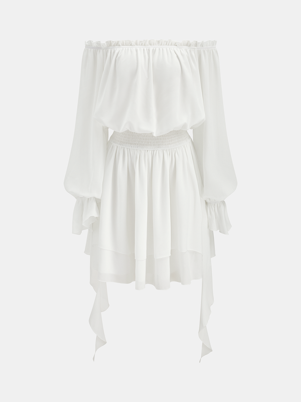 Mini-robe à épaules dénudées avec taille smockée et volants