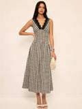 Robe longue vichy sans manches à bordure en dentelle