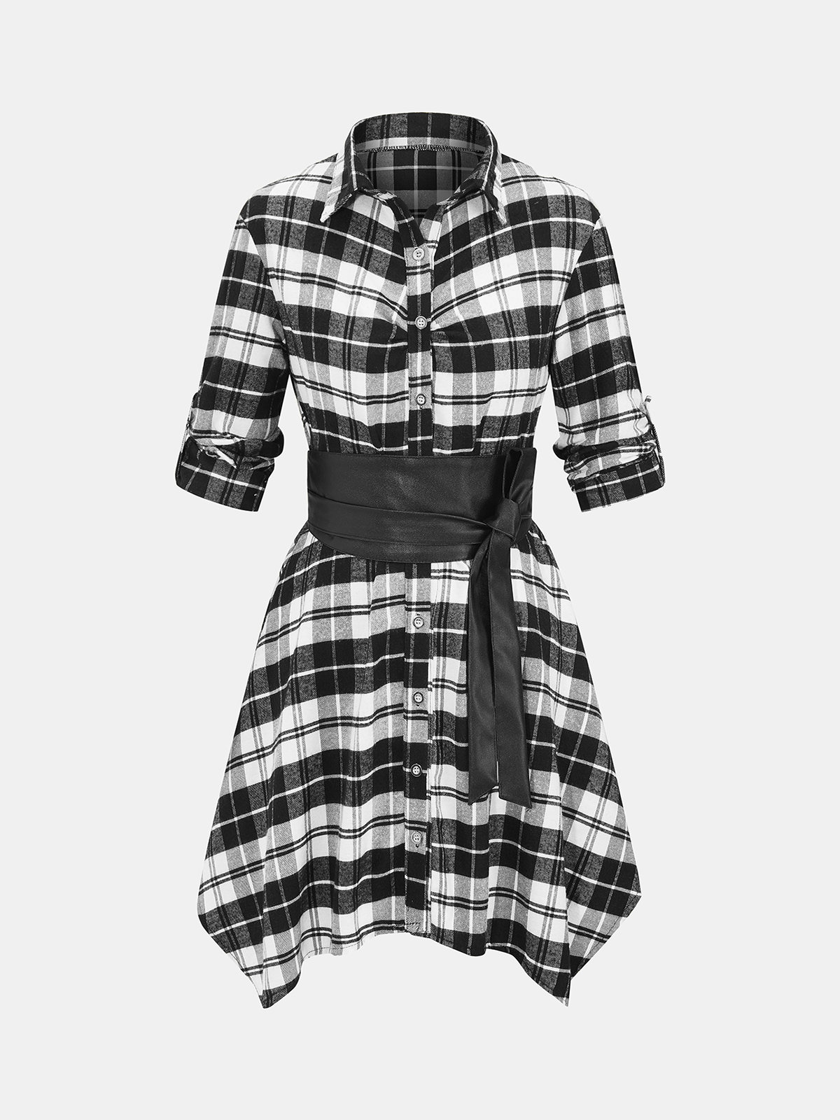 Verstellbare Ärmel Taillengürtel-Hemdkleid im Karomuster