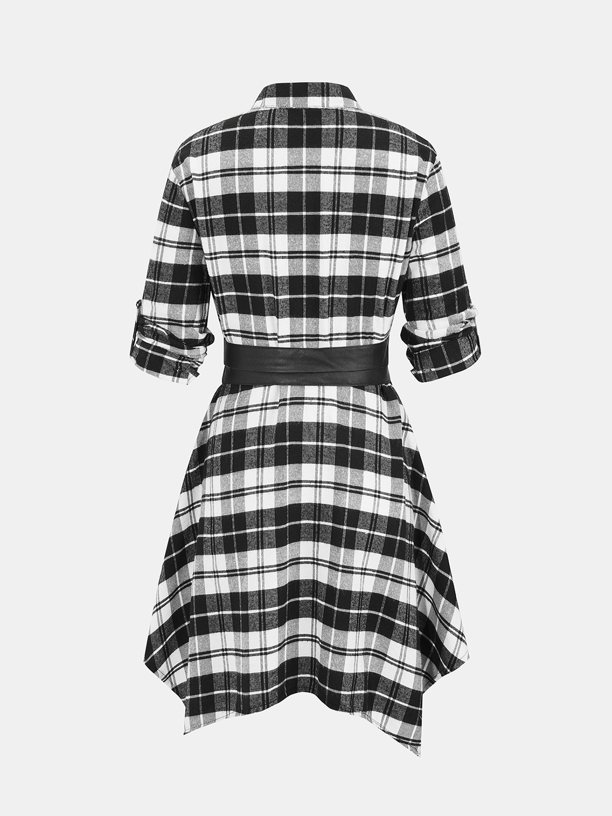 Verstellbare Ärmel Taillengürtel-Hemdkleid im Karomuster