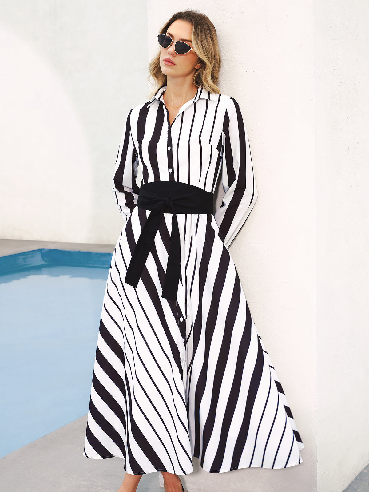 Robe midi chemise rayée ceinturée