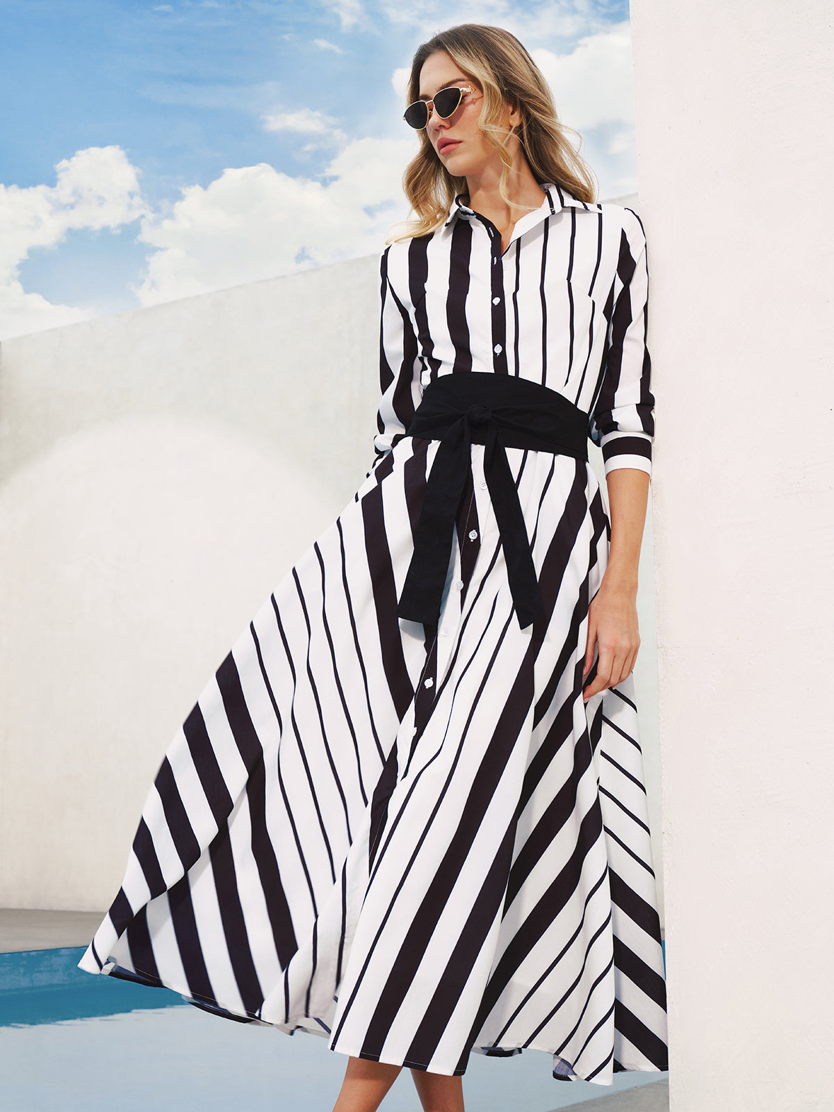 Robe midi chemise rayée ceinturée