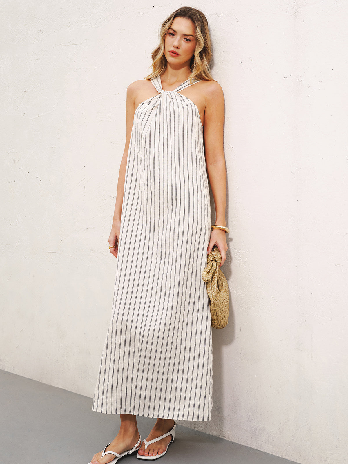 Robe longue dos nu en coton et lin rayée