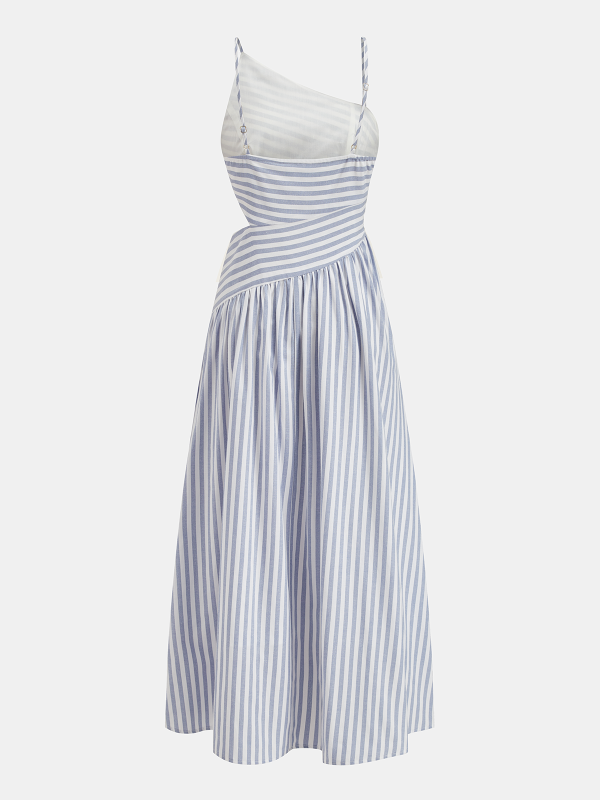 Robe longue asymétrique à fines bretelles découpée et rayée