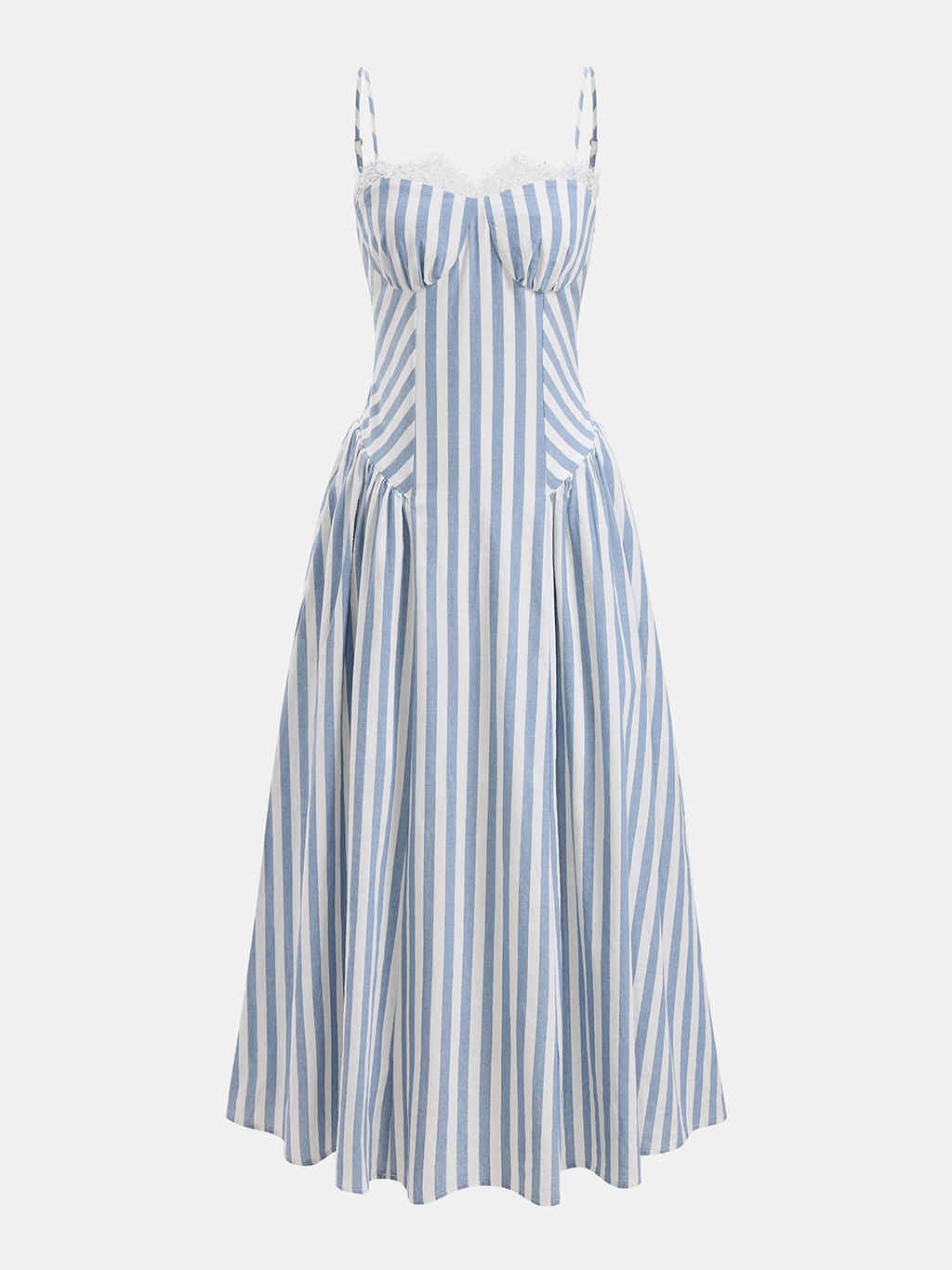 Maxikleid aus gestreifter Baumwolle mit Spitzenbesatz