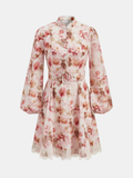 Floral Print Belted Lace Trim Mini Dress