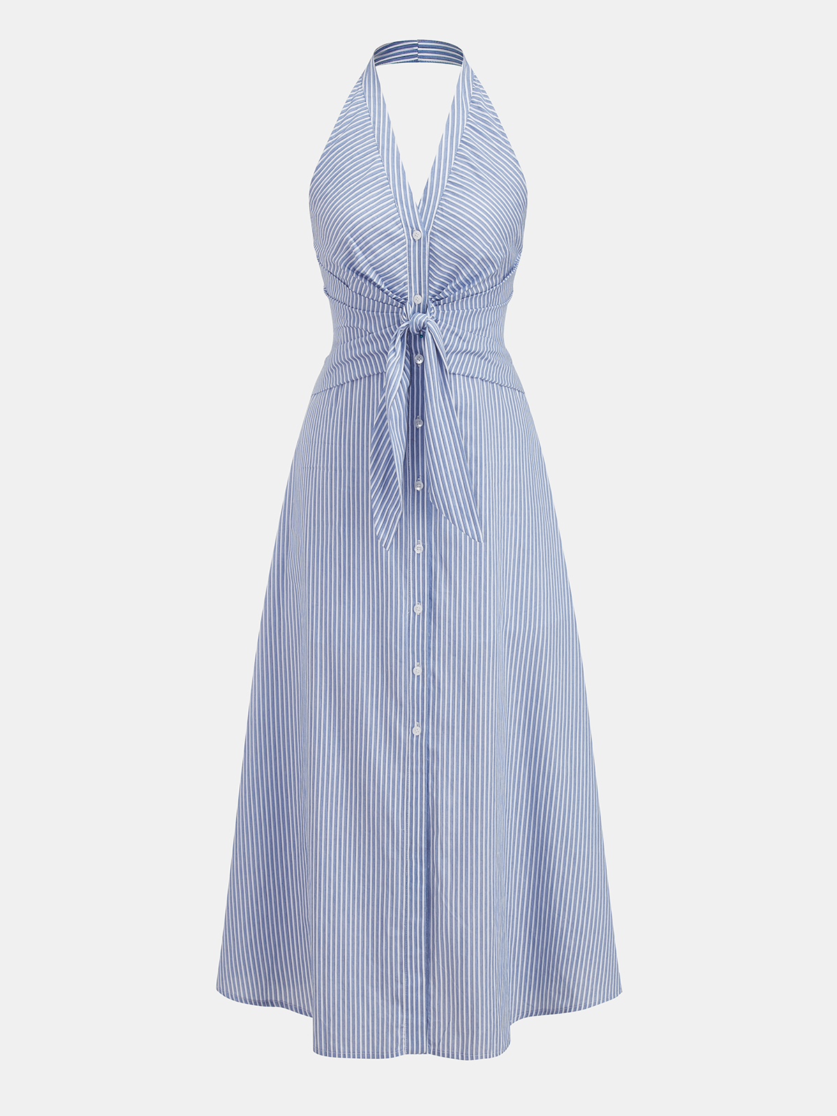 Baumwoll-Maxikleid mit gestreiften Neckholder und Taillenband