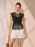 2-in-1 halbtransparente Bluse mit Spitzeneinsatz