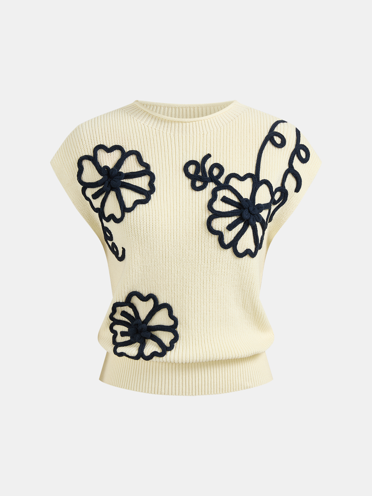 Gerippte Strickweste mit floraler 3D-Applikation