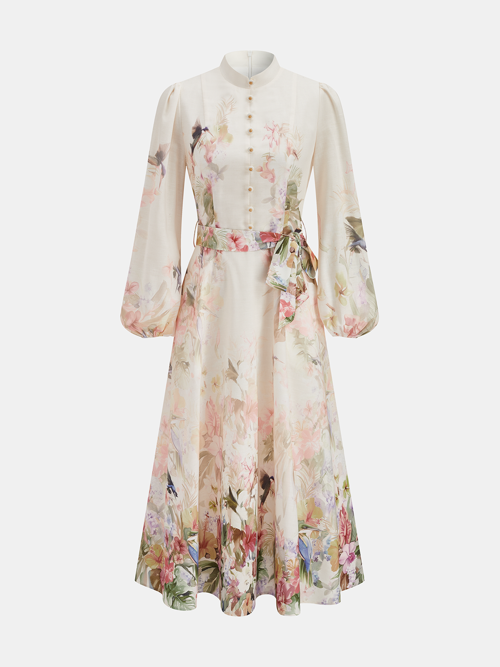 Robe longue à imprimé floral, manches bouffantes et ceinture