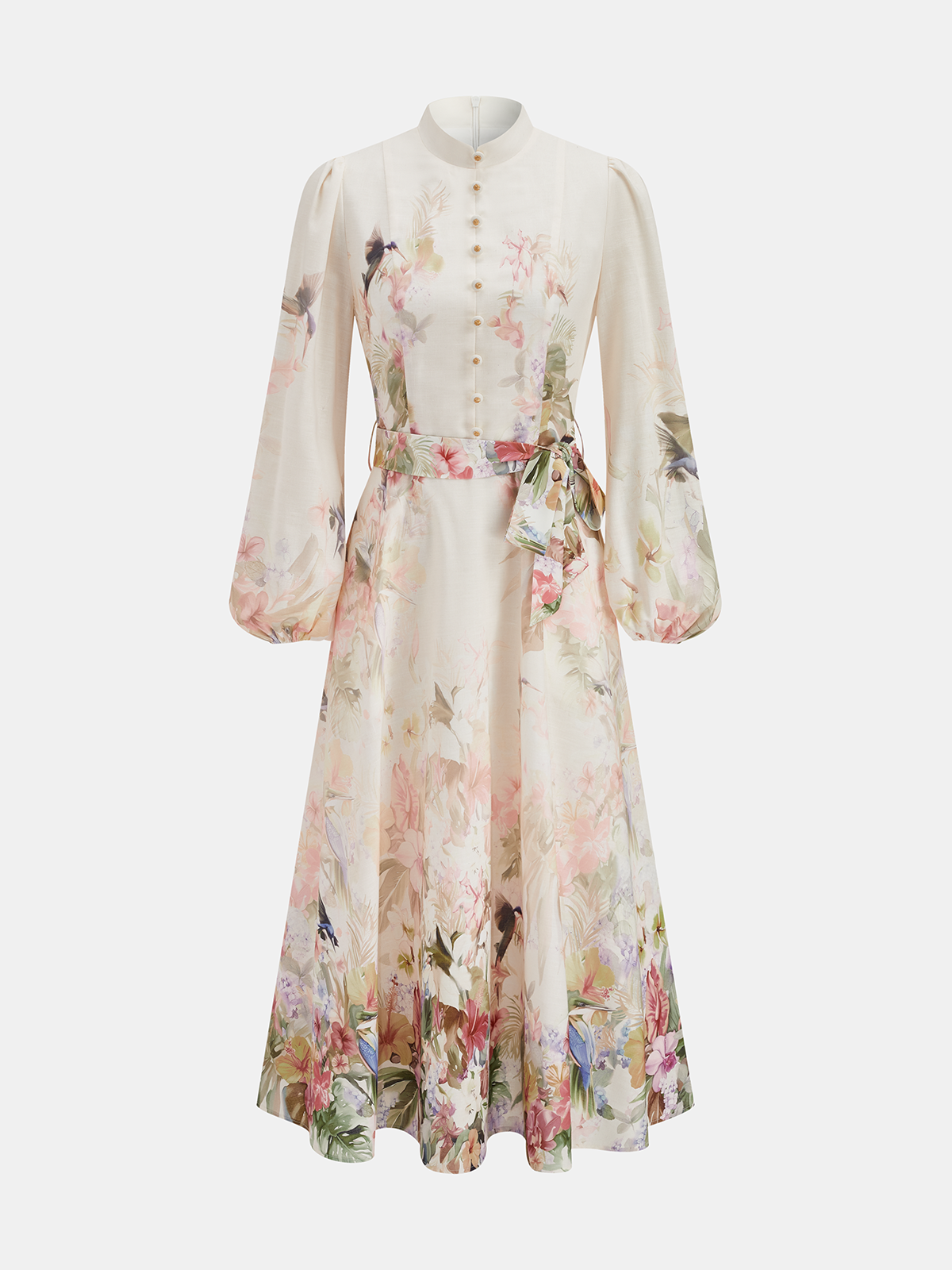 Geblümtes Maxikleid mit Gürtel und Puffärmeln