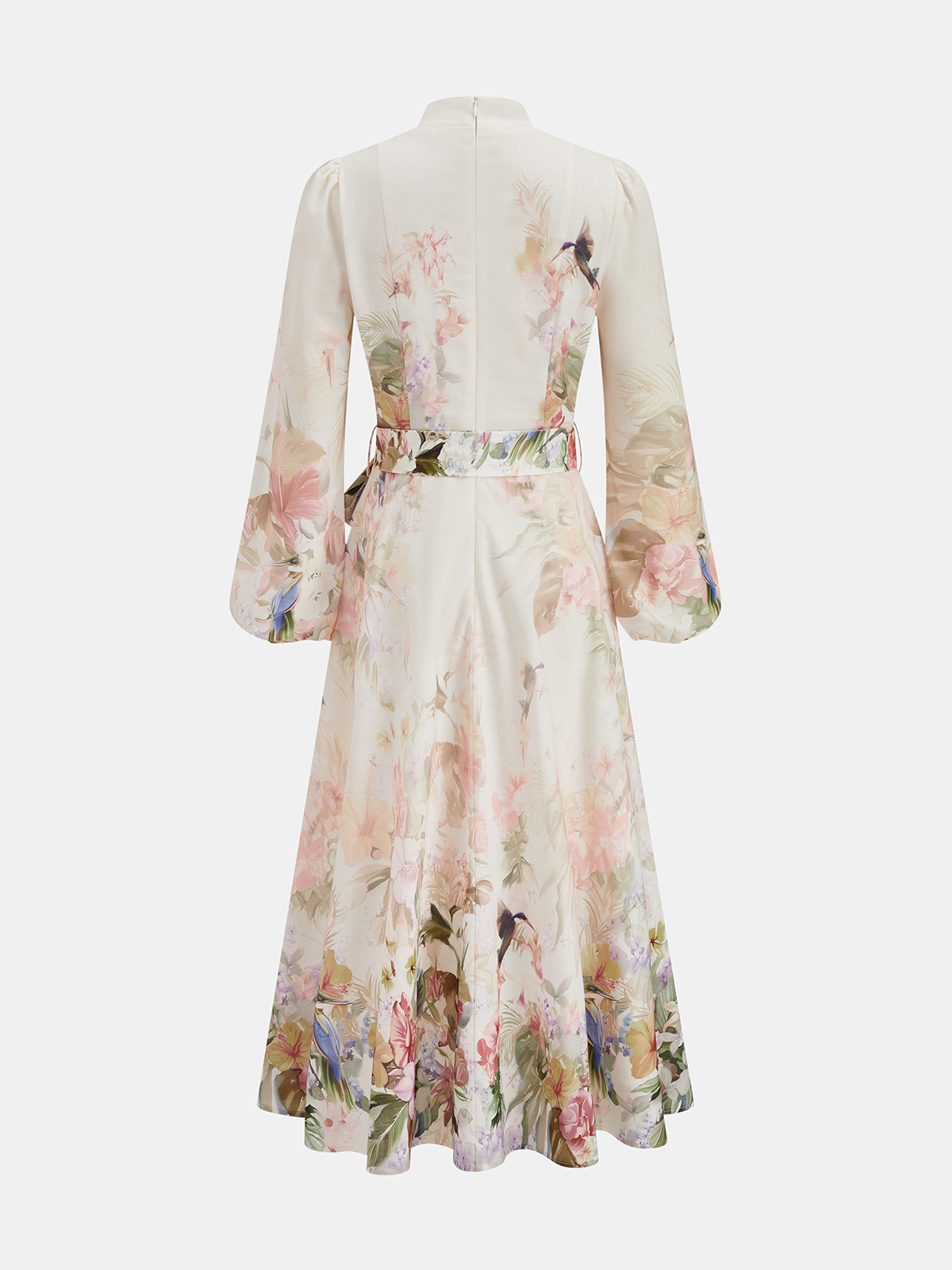 Geblümtes Maxikleid mit Gürtel und Puffärmeln
