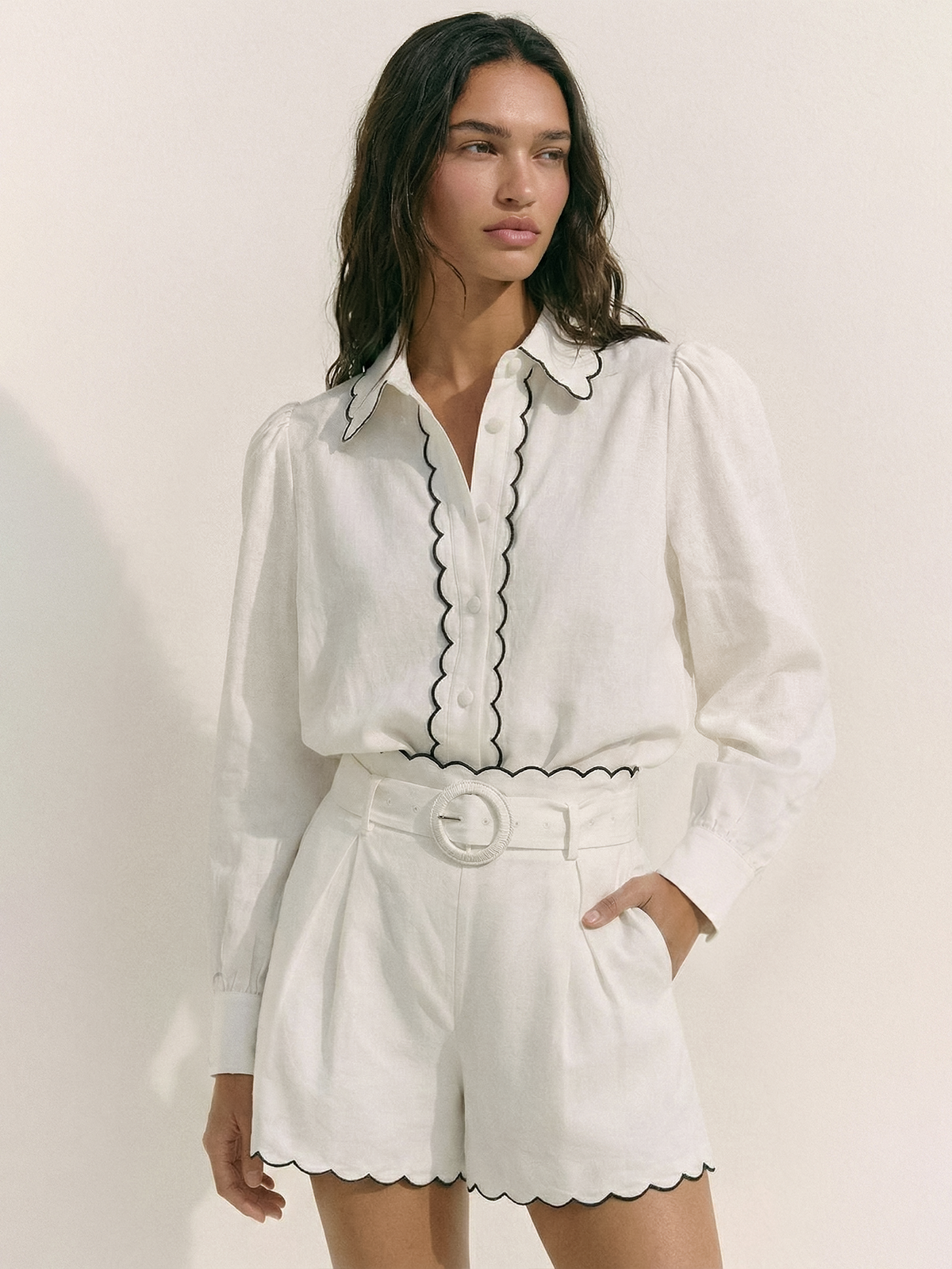 Cotton Scallop Trim Shirt & Shorts Set