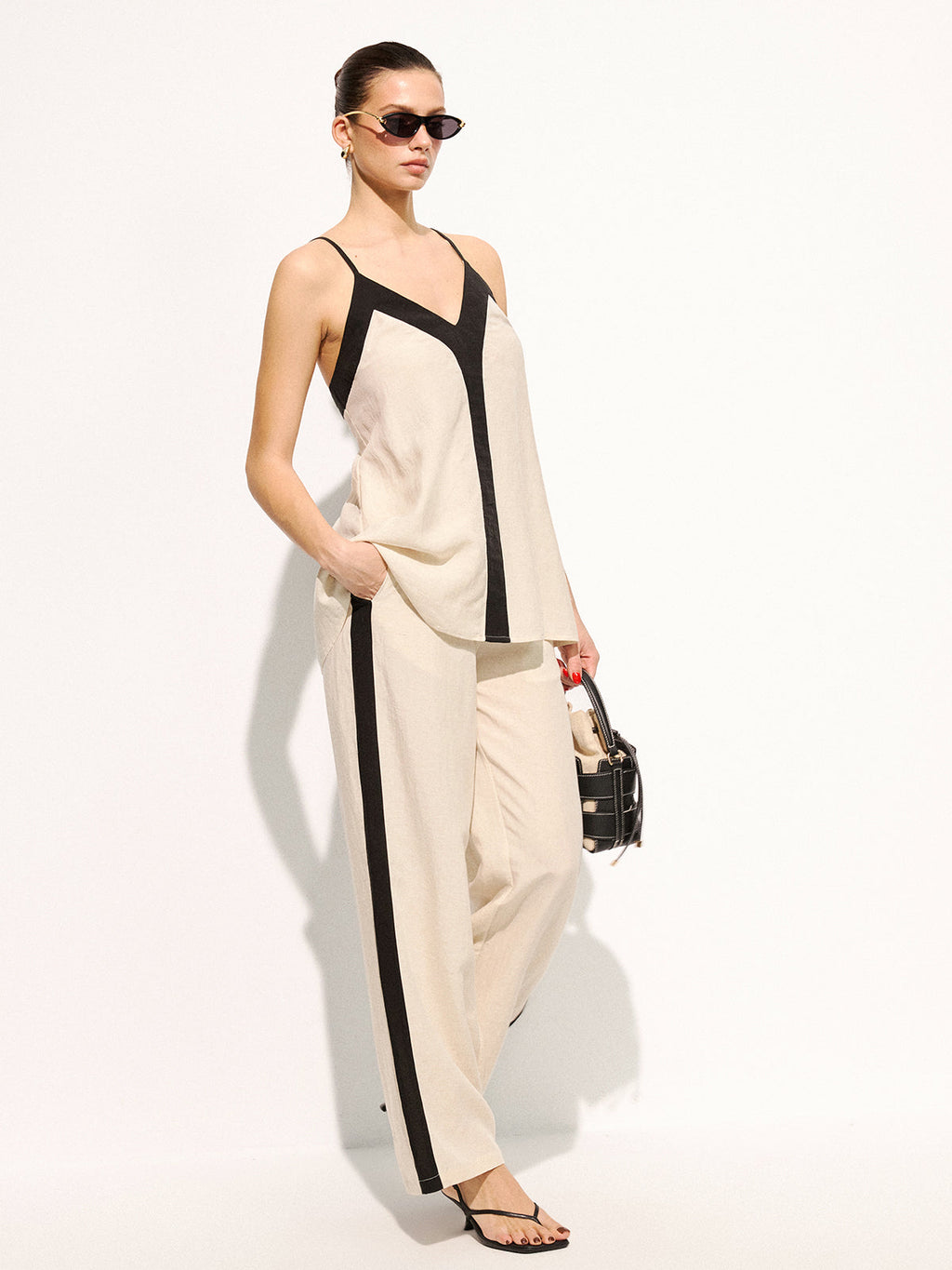 Baumwoll-Leinen-Cami-Top & Hose Set mit Kontrastbesatz