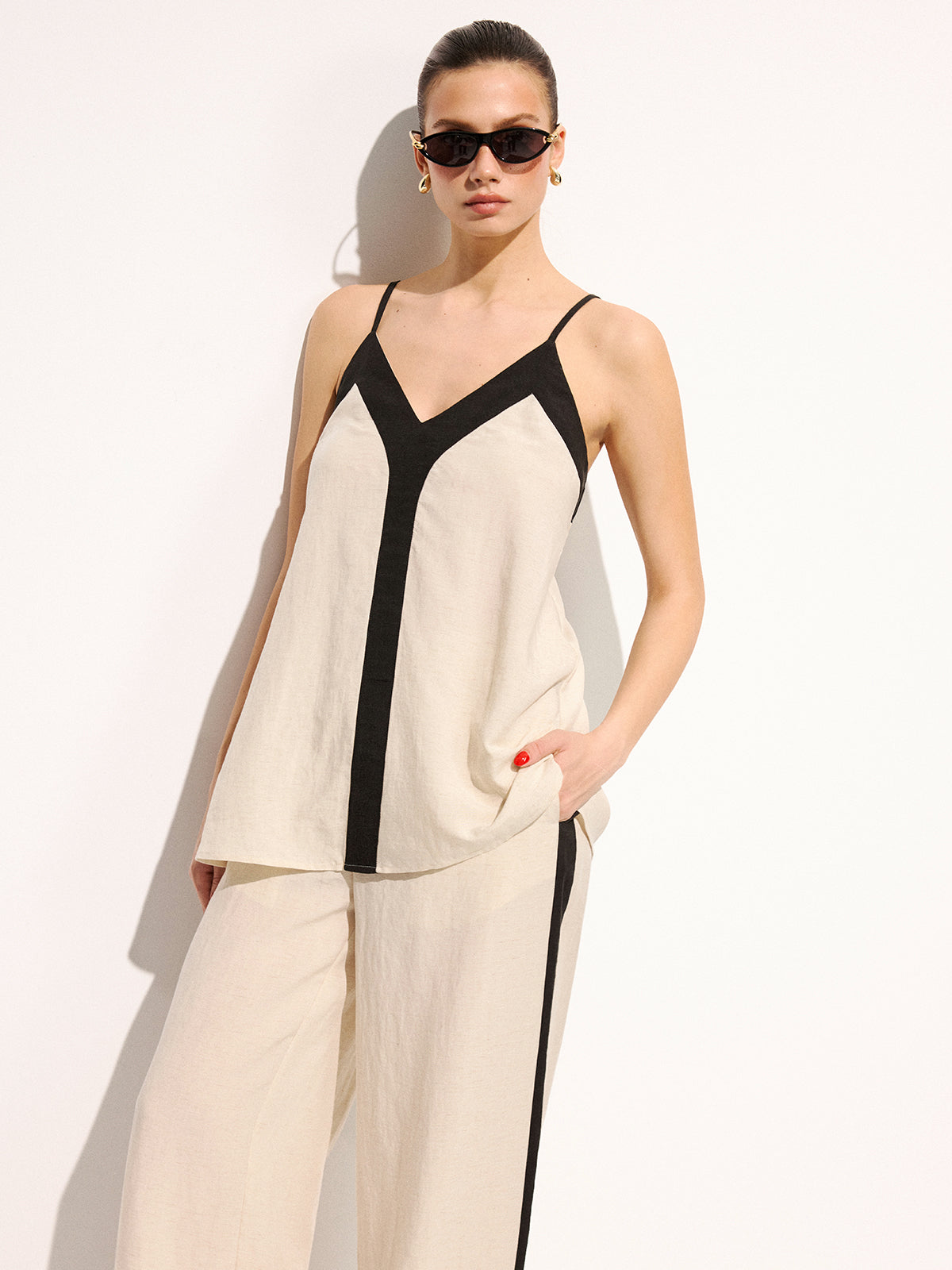 Baumwoll-Leinen-Cami-Top & Hose Set mit Kontrastbesatz