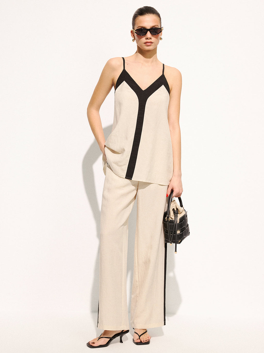 Baumwoll-Leinen-Cami-Top & Hose Set mit Kontrastbesatz