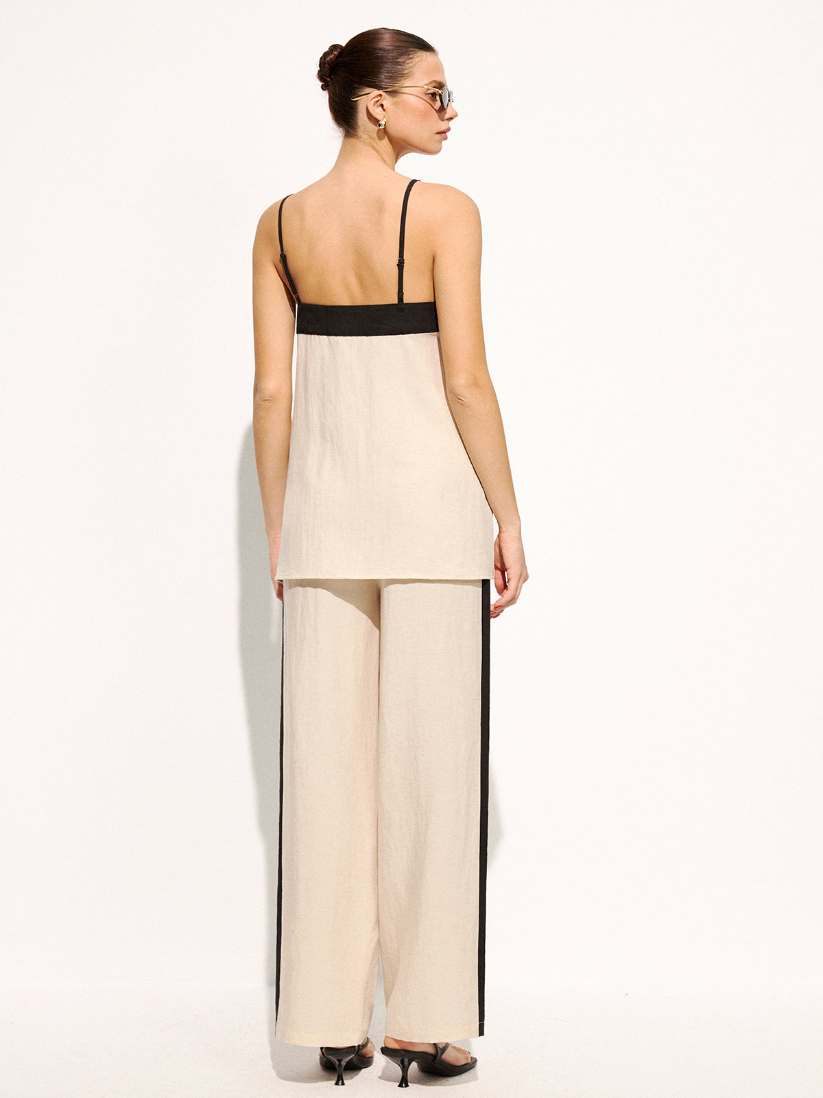Baumwoll-Leinen-Cami-Top & Hose Set mit Kontrastbesatz