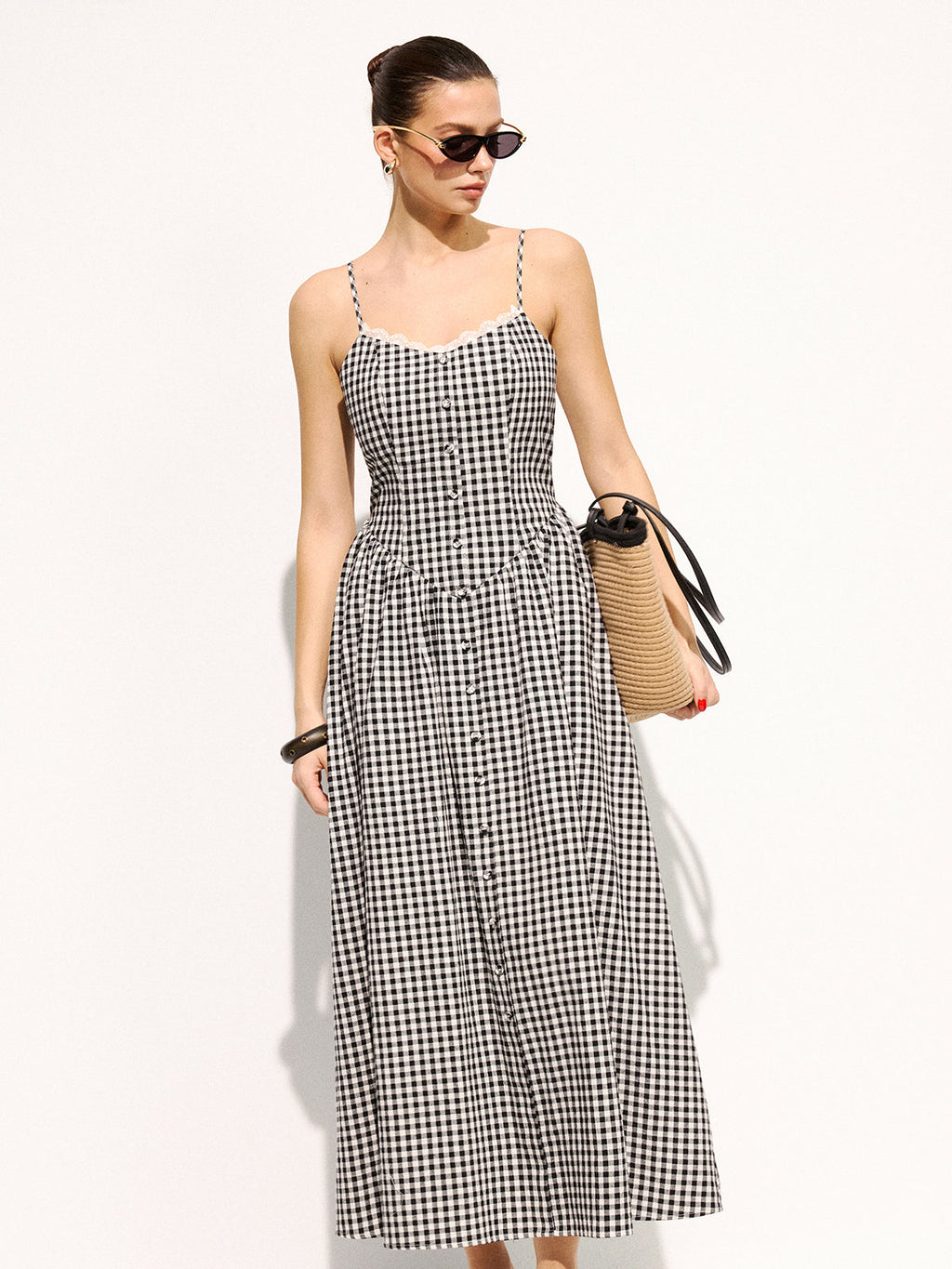 Gingham Baumwolle Spitzenbesatz Camisole Midikleid