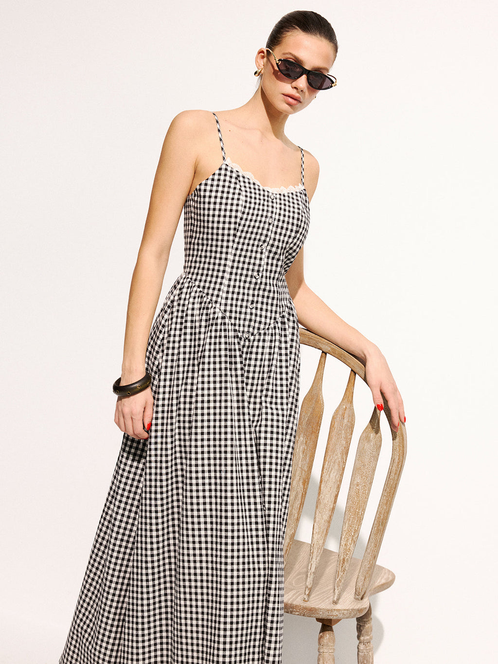 Gingham Baumwolle Spitzenbesatz Camisole Midikleid