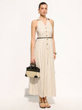 Robe longue plissée à col et ceinture en mélange de lin