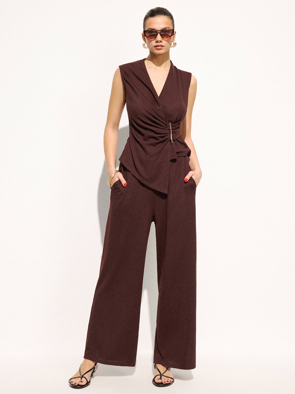 Metal Detail Ruched Top & Pants Set