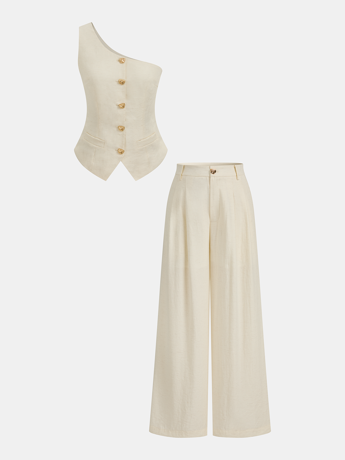 Ensemble gilet à bouton métallique et pantalon, coupe asymétrique (une épaule dénudée)
