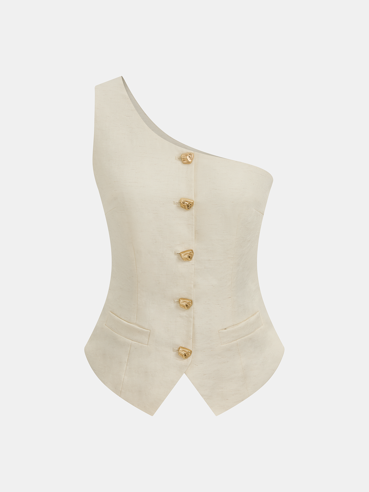 Ensemble gilet à bouton métallique et pantalon, coupe asymétrique (une épaule dénudée)