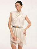 Lace Trim Satin Cross Neck Sleeveless Dress