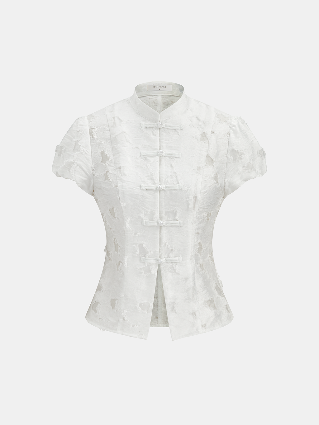 Bluse mit Froschknopf, Mandarin-Kragen und Textur