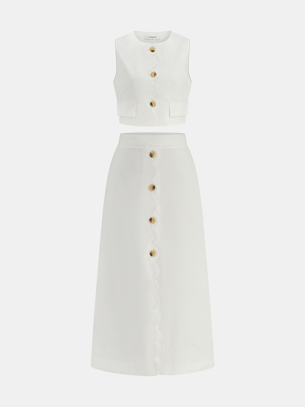 Ensemble gilet et jupe en coton et lin à bordure festonnée