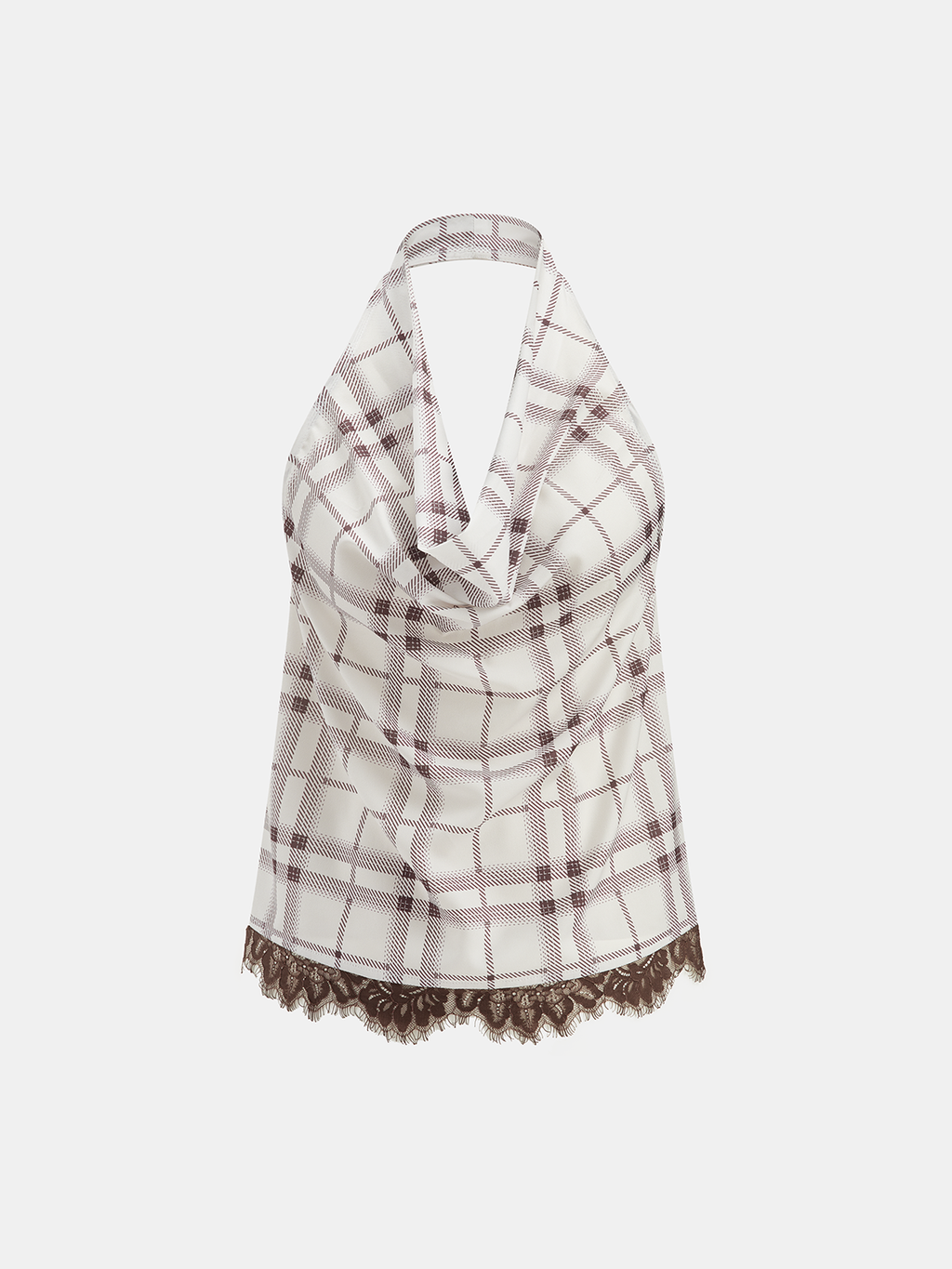 Kariertes Halterneck-Top mit Stehkragen und Spitze