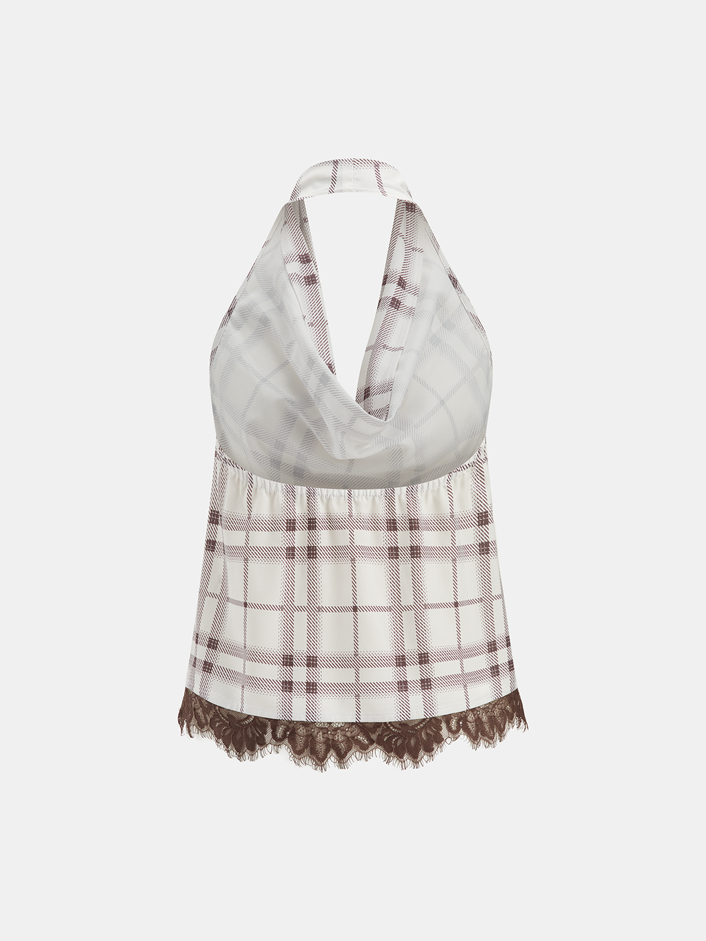 Kariertes Halterneck-Top mit Stehkragen und Spitze