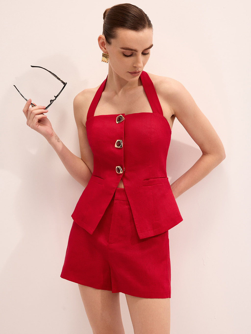Leinenmischgewebe-Neckholder-Top und Shorts-Set