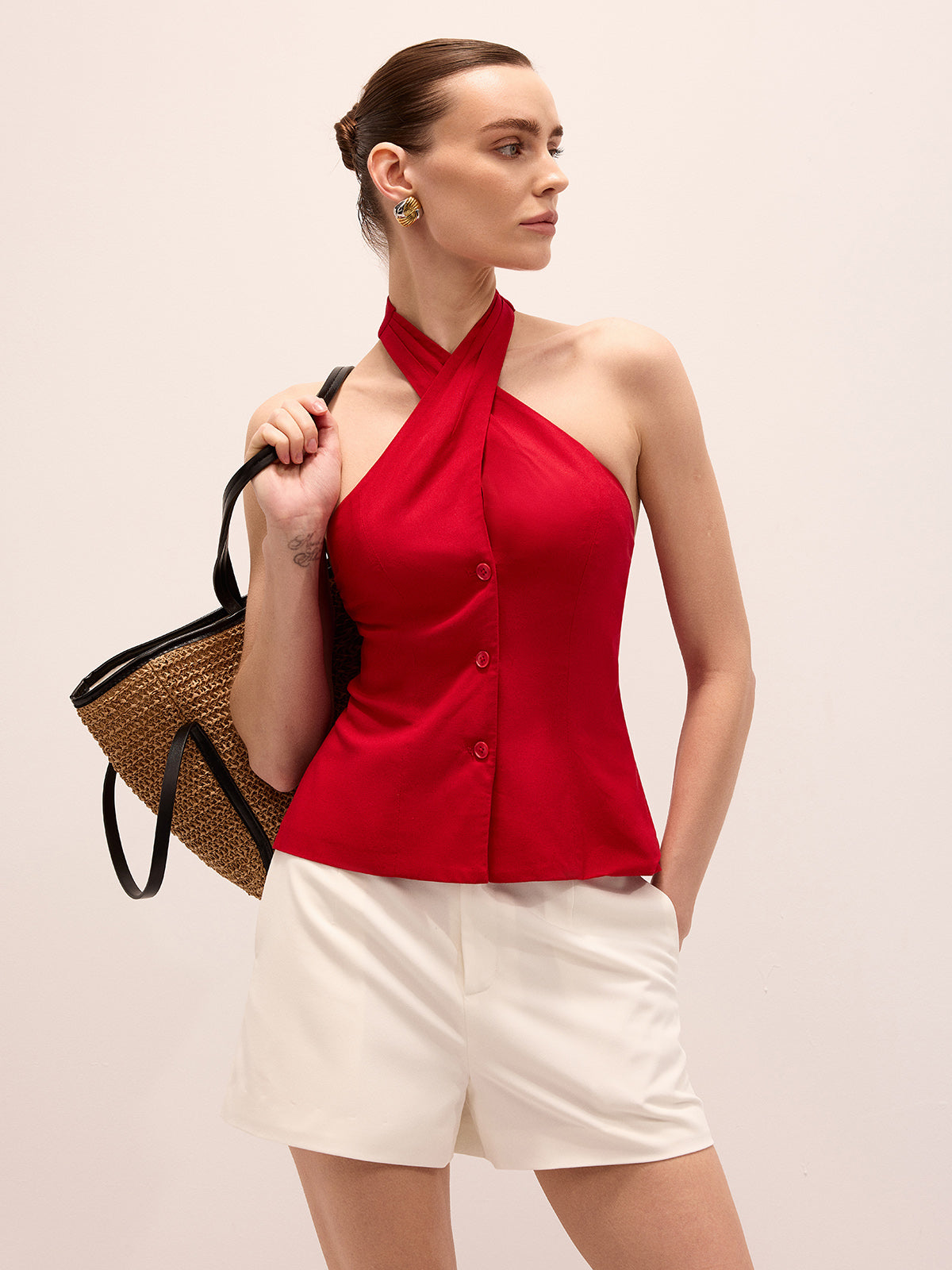 Leinenmischgewebe Neckholder-Top mit Überkreuzträgern