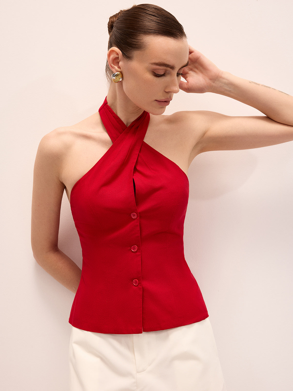 Leinenmischgewebe Neckholder-Top mit Überkreuzträgern