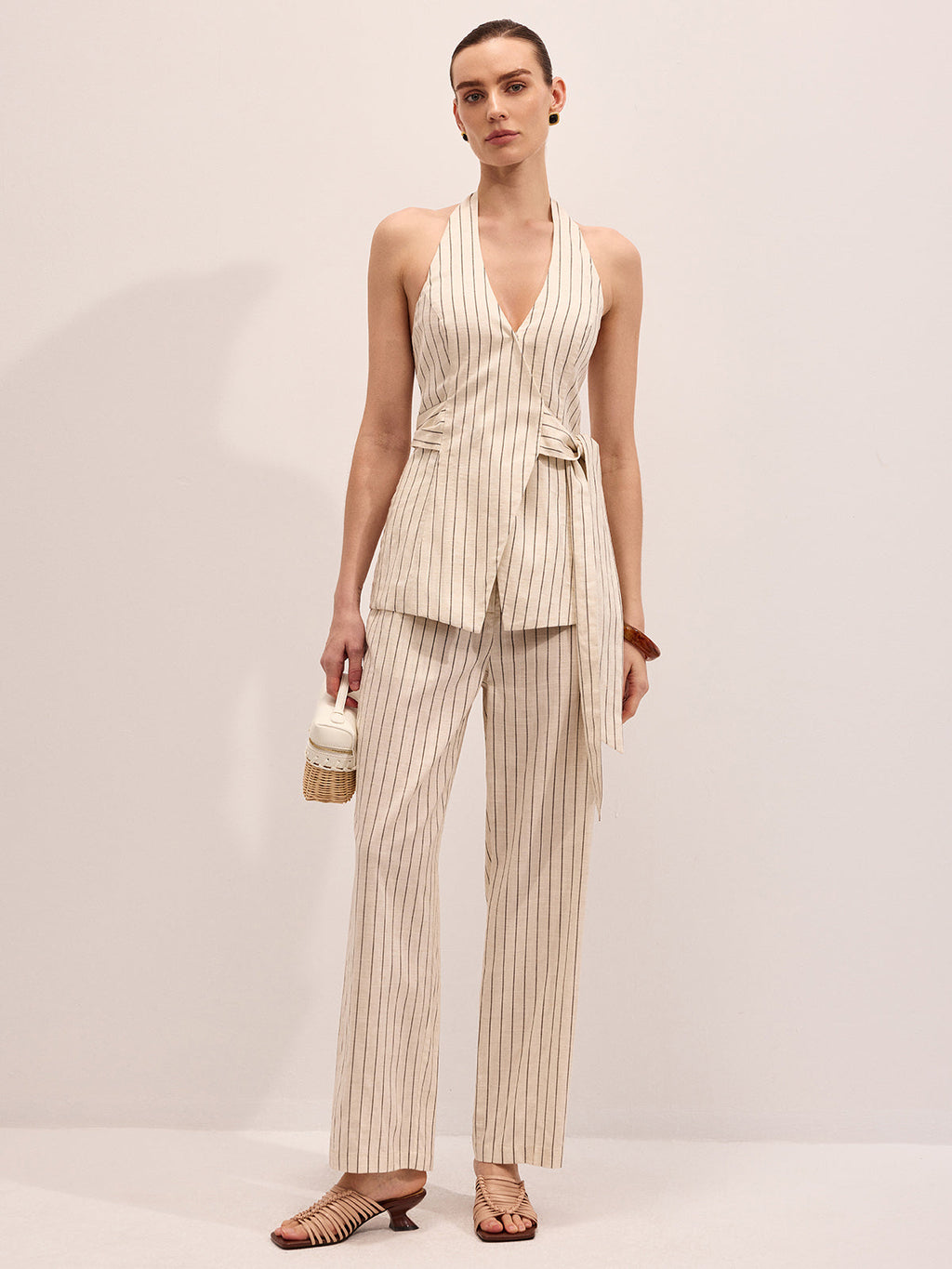 Gestreiftes Neckholder-Top und Hose aus Baumwollleinen