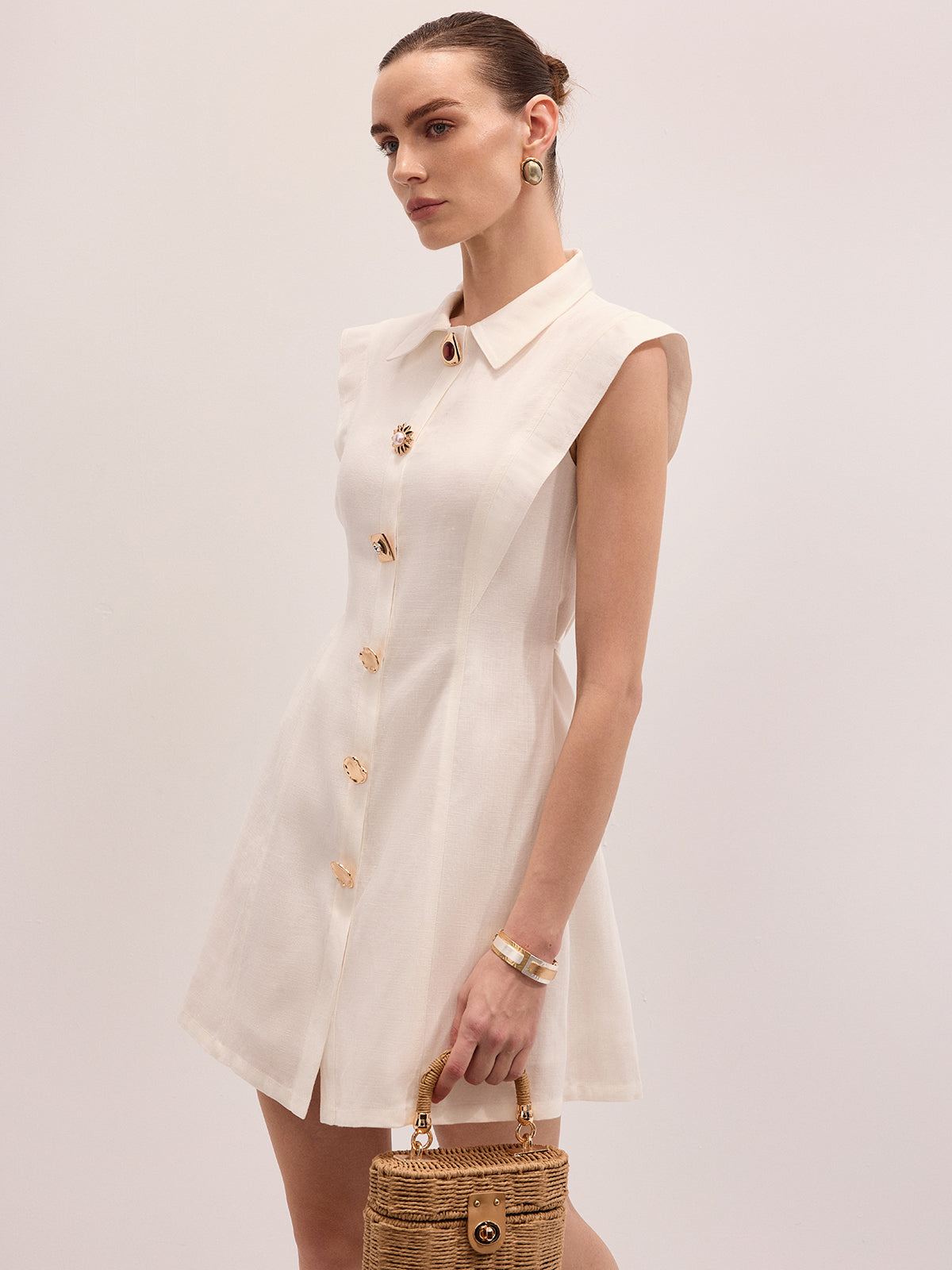 Ärmelloses Mini-Hemdblusenkleid aus Leinenmix