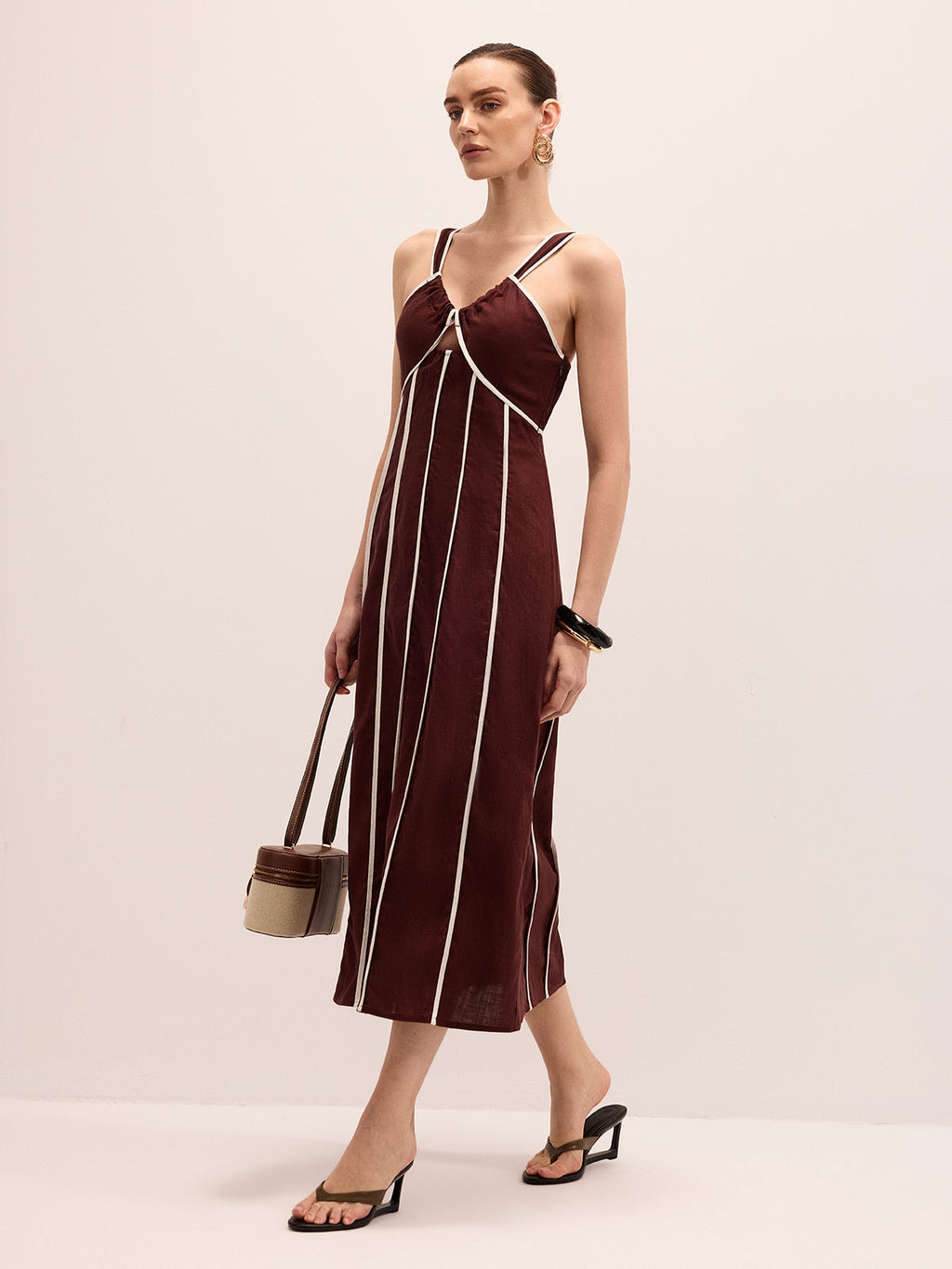 Linen Blend Striped Cami Midi Dress