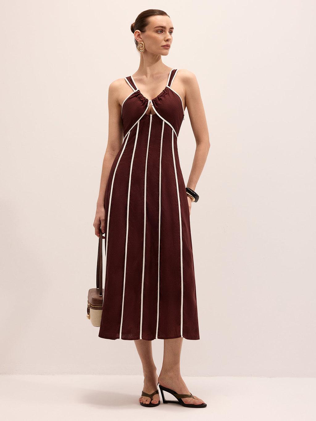 Linen Blend Striped Cami Midi Dress