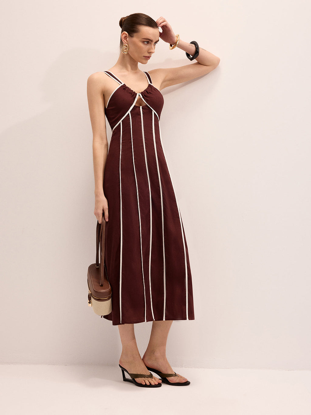 Linen Blend Striped Cami Midi Dress