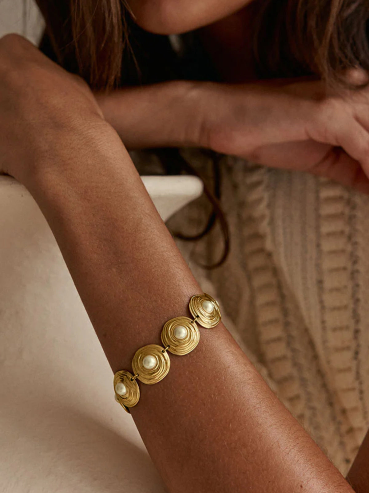 Bracelet maillons perles disque texturé