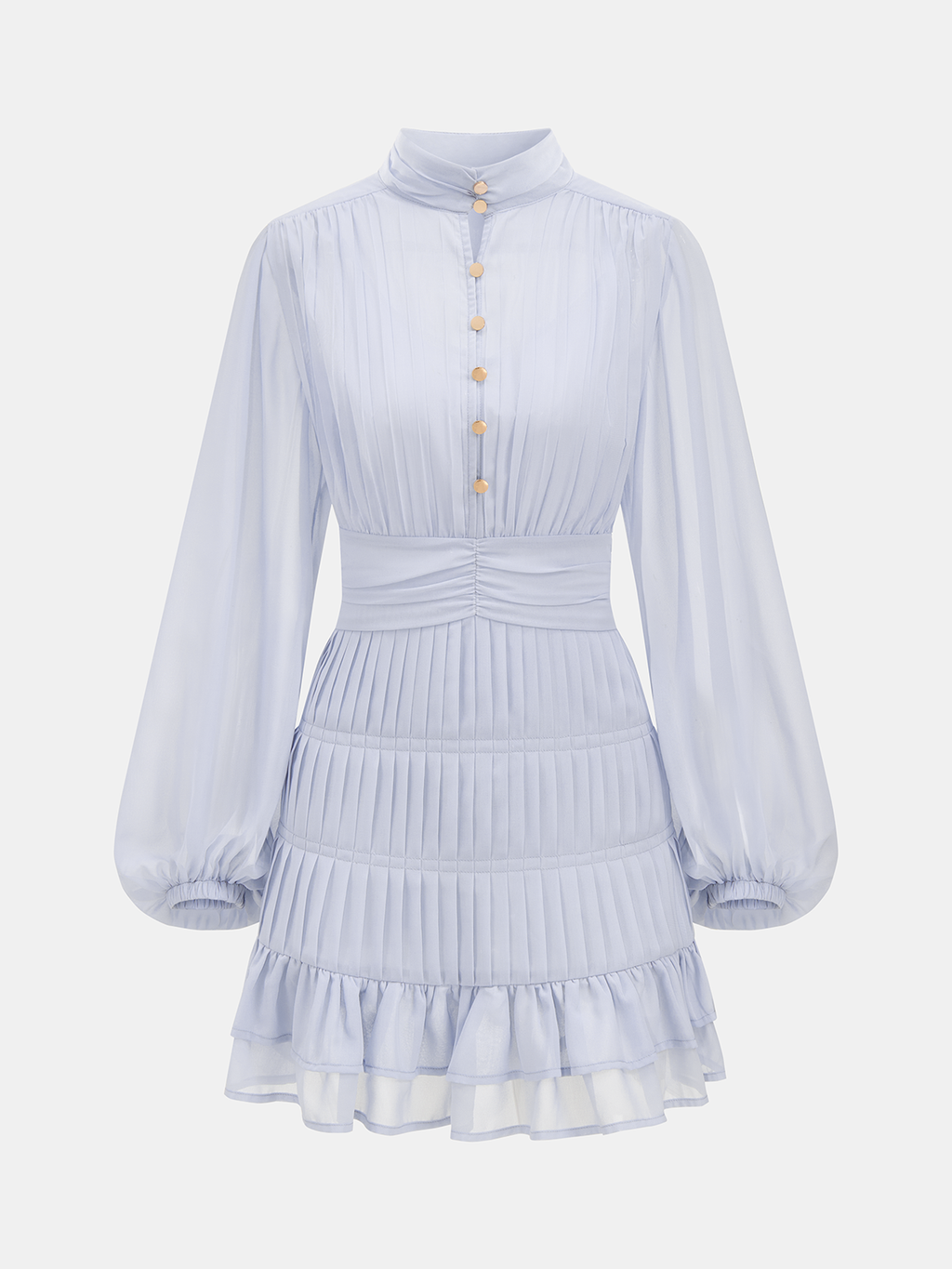 Plissiertes Langarm-Minikleid mit Rüschen und Knöpfen