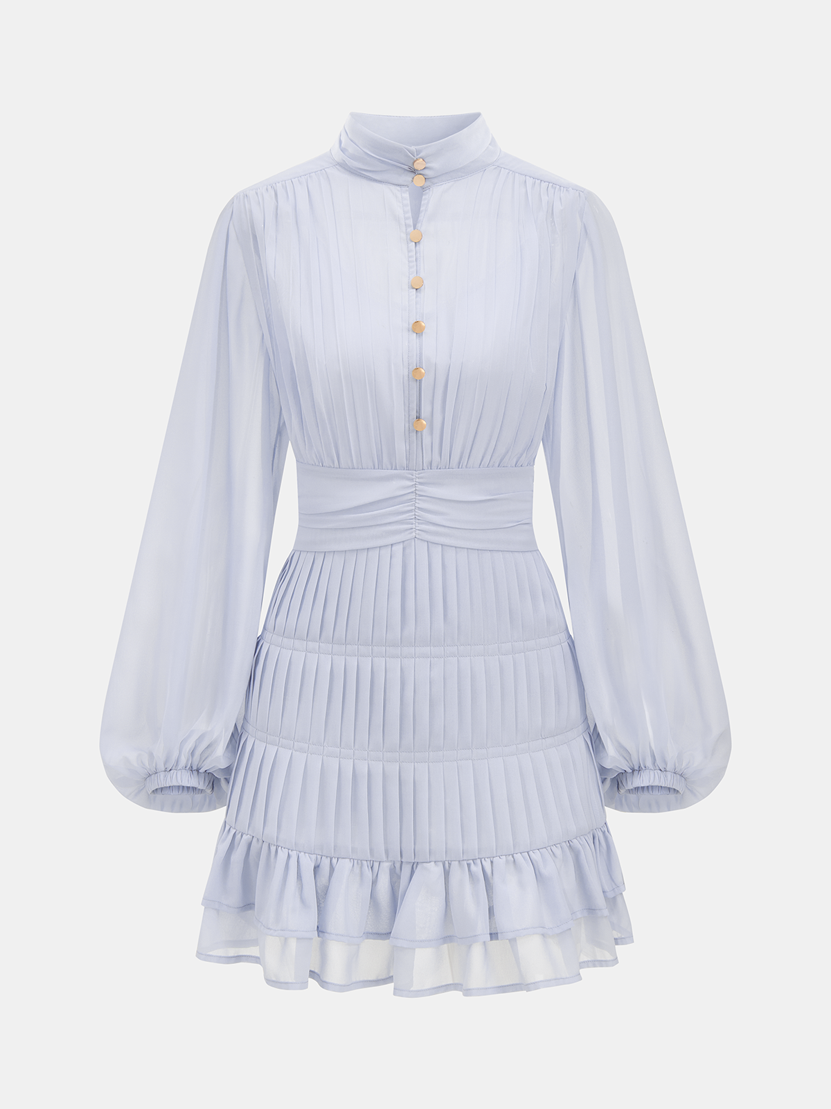 Plissiertes Langarm-Minikleid mit Rüschen und Knöpfen