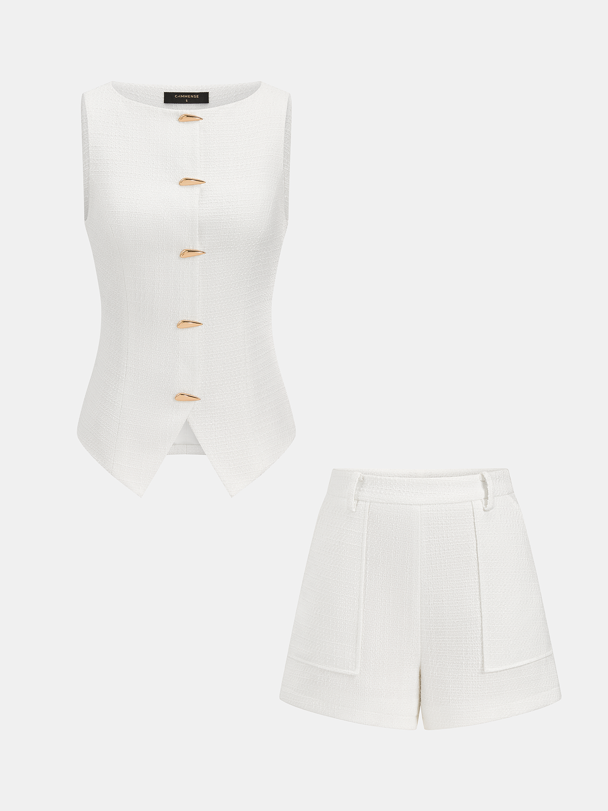 Ärmelloses Tweed-Westen- & Shorts-Set mit Metallknöpfen