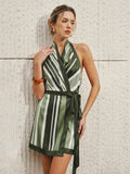 Halter Striped Satin Wrap Mini Dress