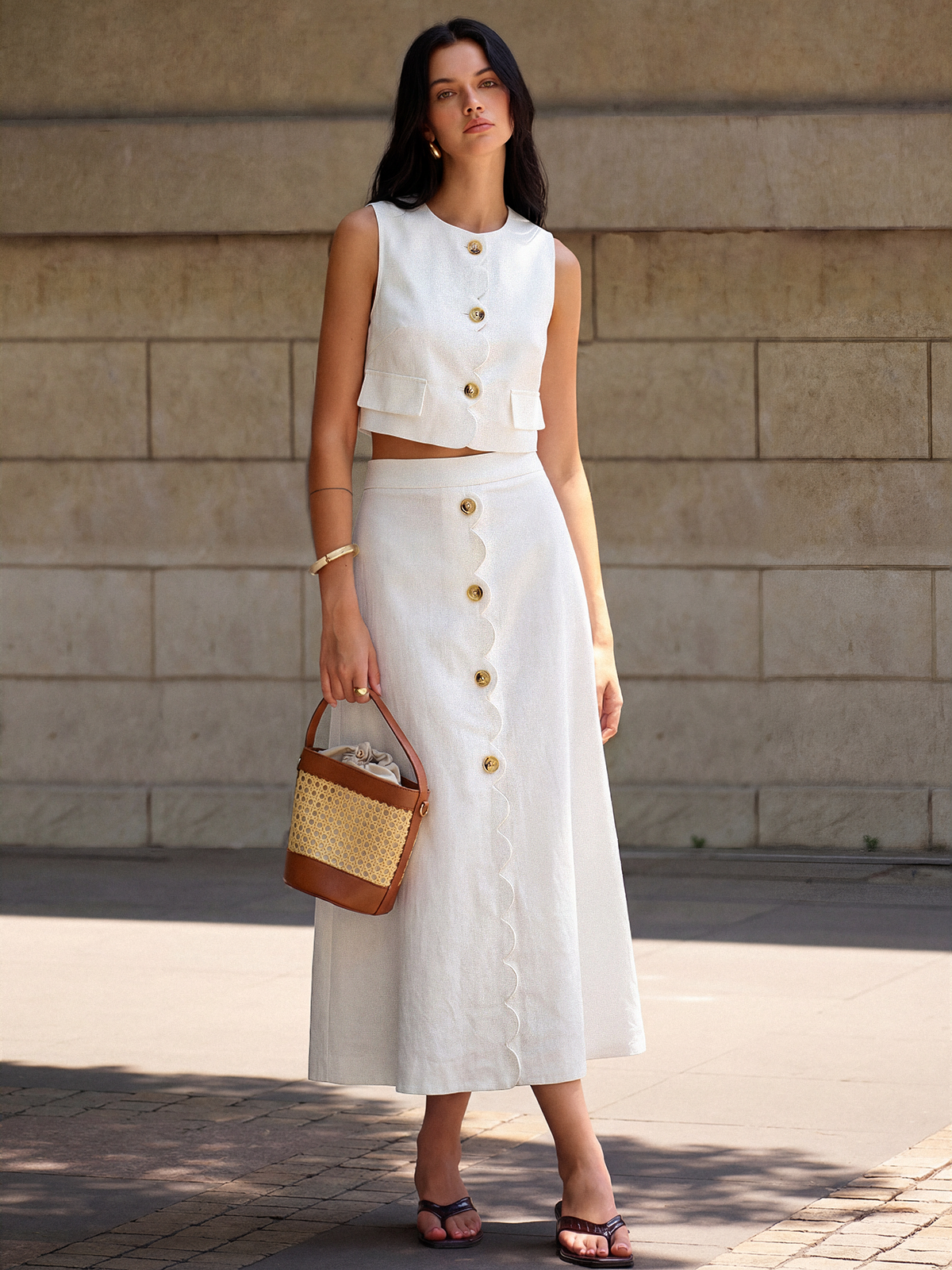 Ensemble gilet et jupe en coton et lin à bordure festonnée