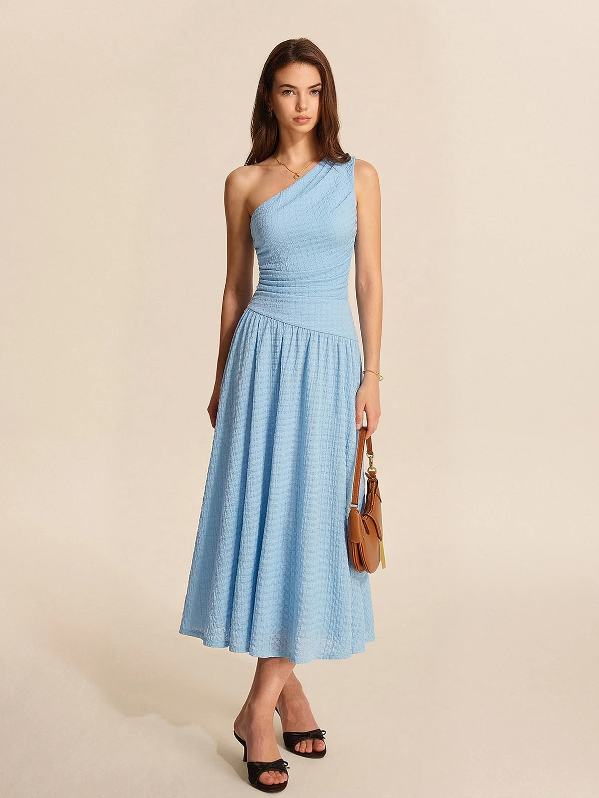 One-Shoulder Drapiertes Strukturiertes Midikleid