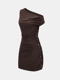 Kurzes One-Shoulder-Kleid aus Baumwollleinen mit Raffungen