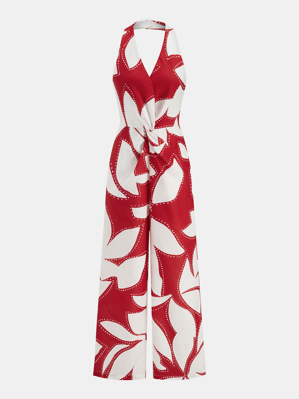 Jumpsuit mit abstraktem Blattdruck, Neckholder und Twist-Detail